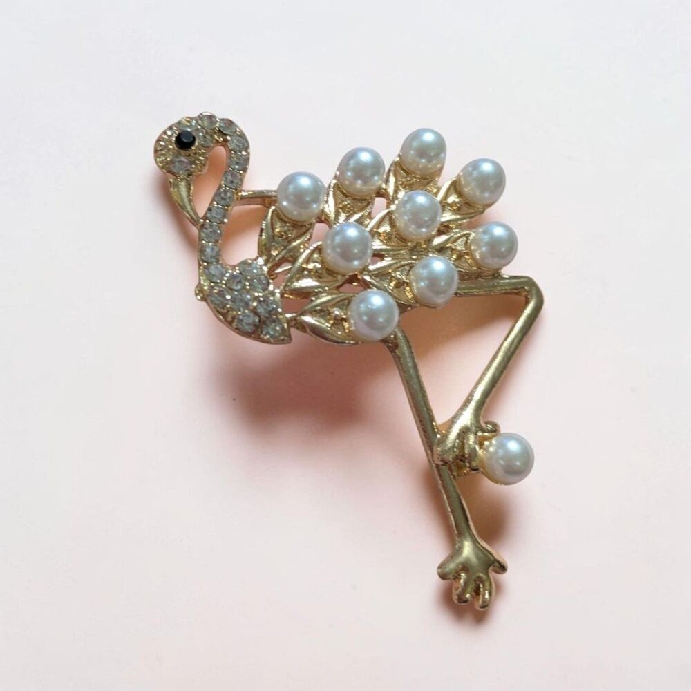 Gold Tone Flamingo Brooch, Faux Pearl Rhinestone Bird Pin, Tropical Statement